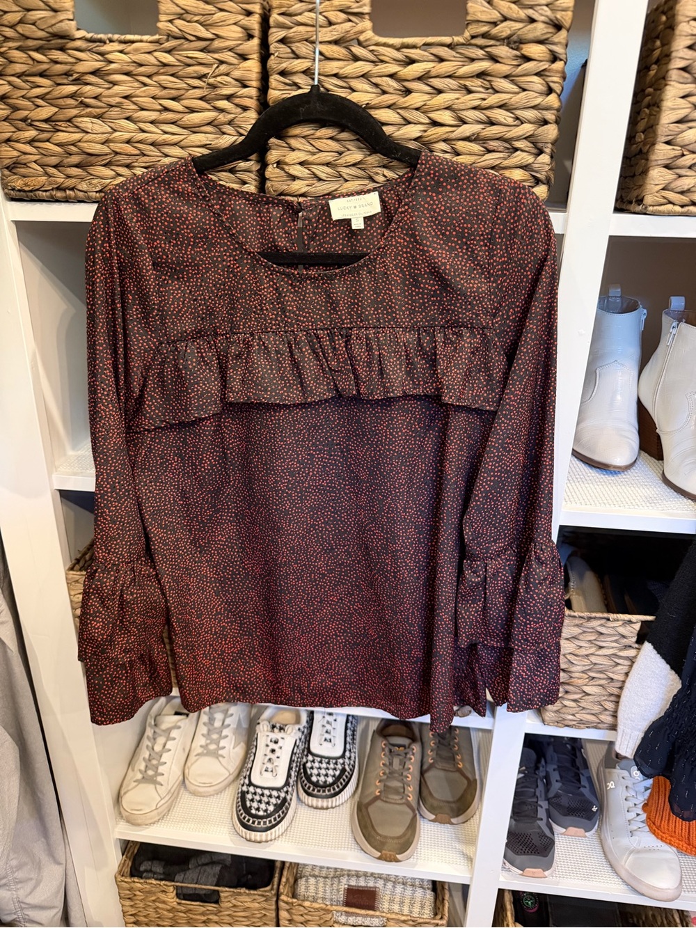 Lucky Brand Burgundy Dot Ruffle-Yoke Long Sleeve Blouse